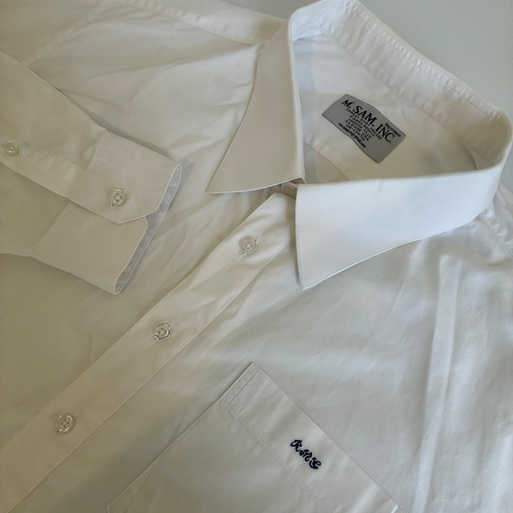 M. Sam Inc Mens White Long Sleeve Monogrammed Button Down Dress Shirt 26x32